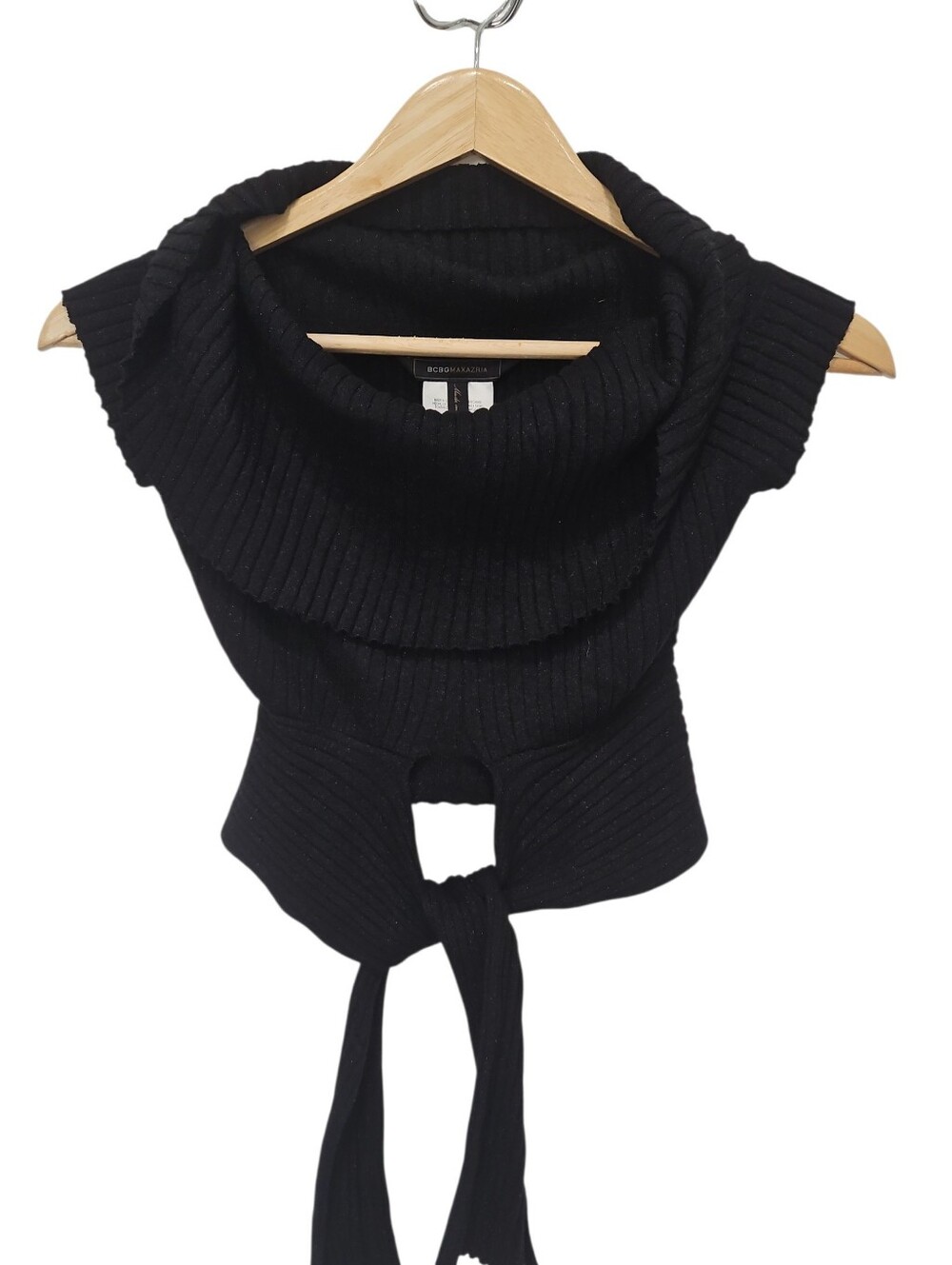 BCBGMAXAZRIA Black Convertible Ribbed Knit Wrap Top Off the Shoulder Shrug Scarf